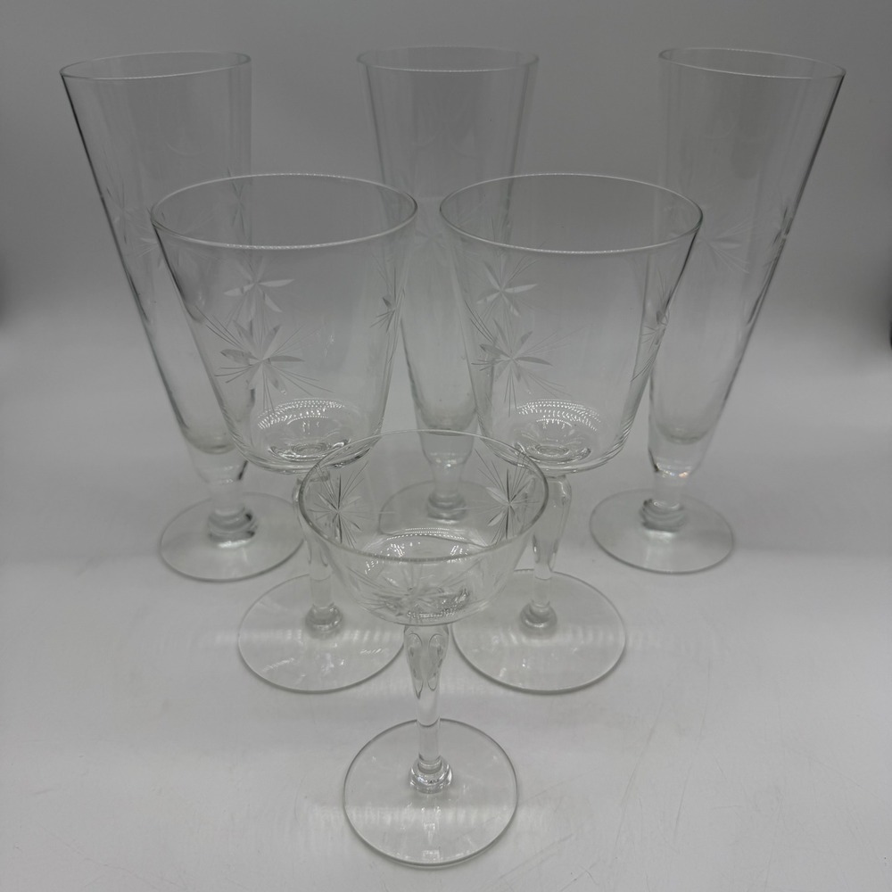 Vintage Etched Starburst Glassware Set 6pc‎ Pilsner Wine Coupe Glasses